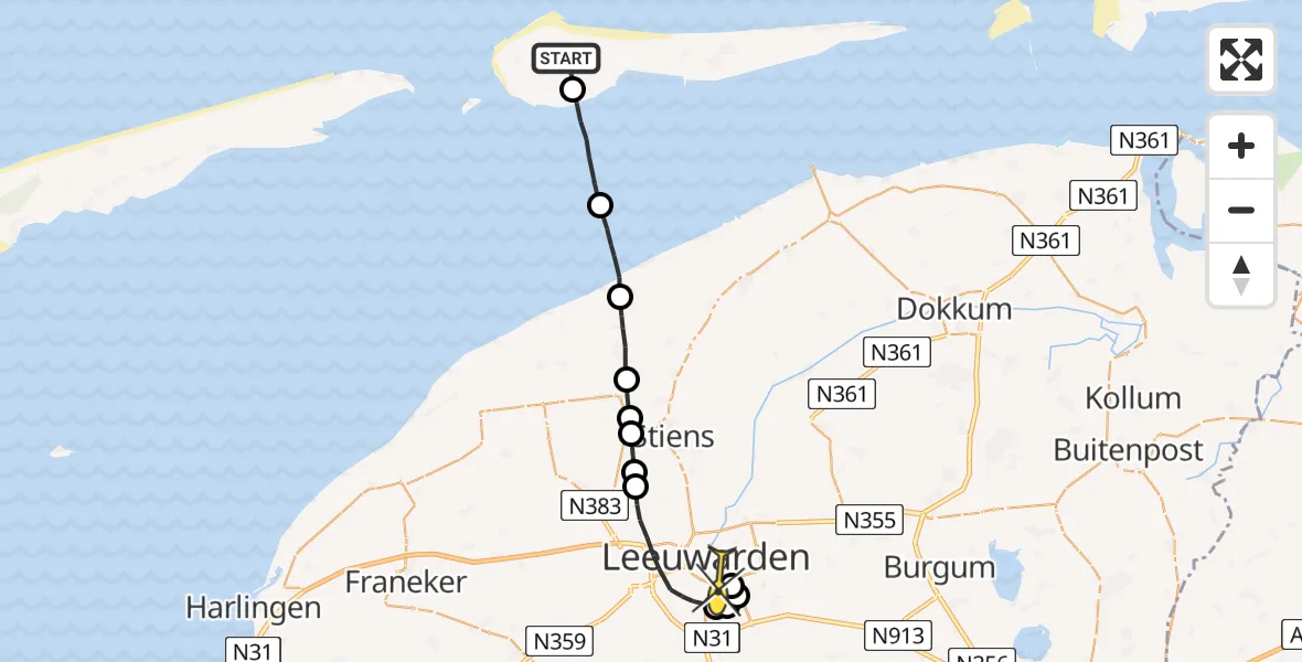 Routekaart van de vlucht: Ambulanceheli naar Leeuwarden, Jelmeraweg