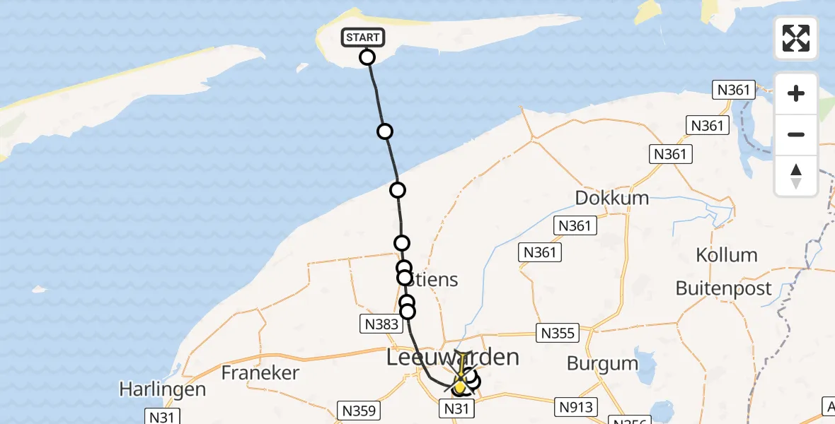 Routekaart van de vlucht: Ambulancehelikopter naar Leeuwarden, Jelmeraweg