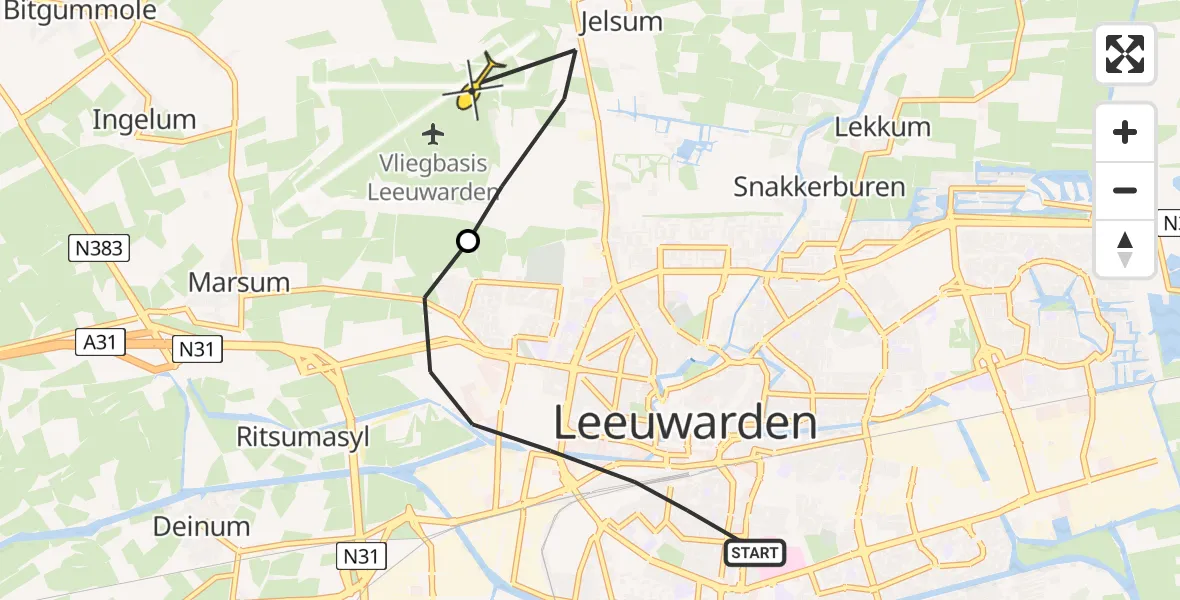 Vluchtroute Ambulancehelikopter van Leeuwarden naar Vliegbasis Leeuwarden