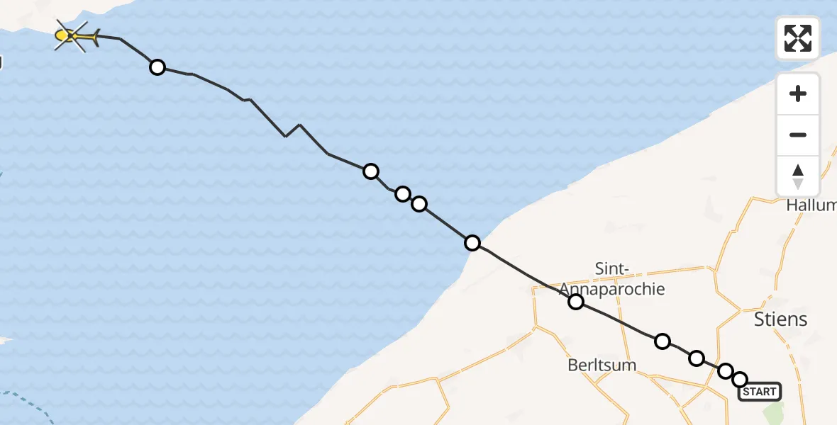 Routekaart van de vlucht: Ambulancehelikopter naar Formerum, Nijlânsdyk