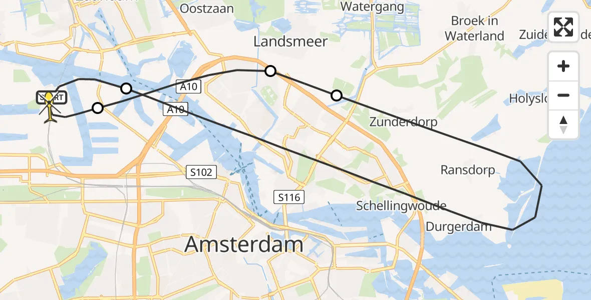 Routekaart van de vlucht: Lifeliner 1 naar Amsterdam Heliport, Hemweg