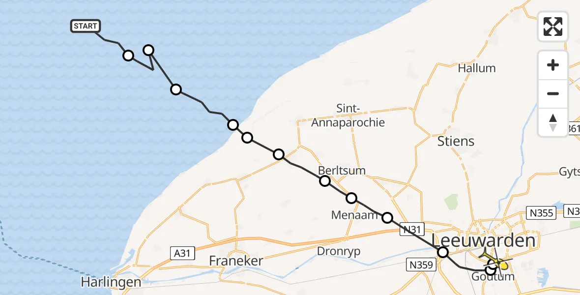 Routekaart van de vlucht: Ambulanceheli naar Leeuwarden, Oost Meep