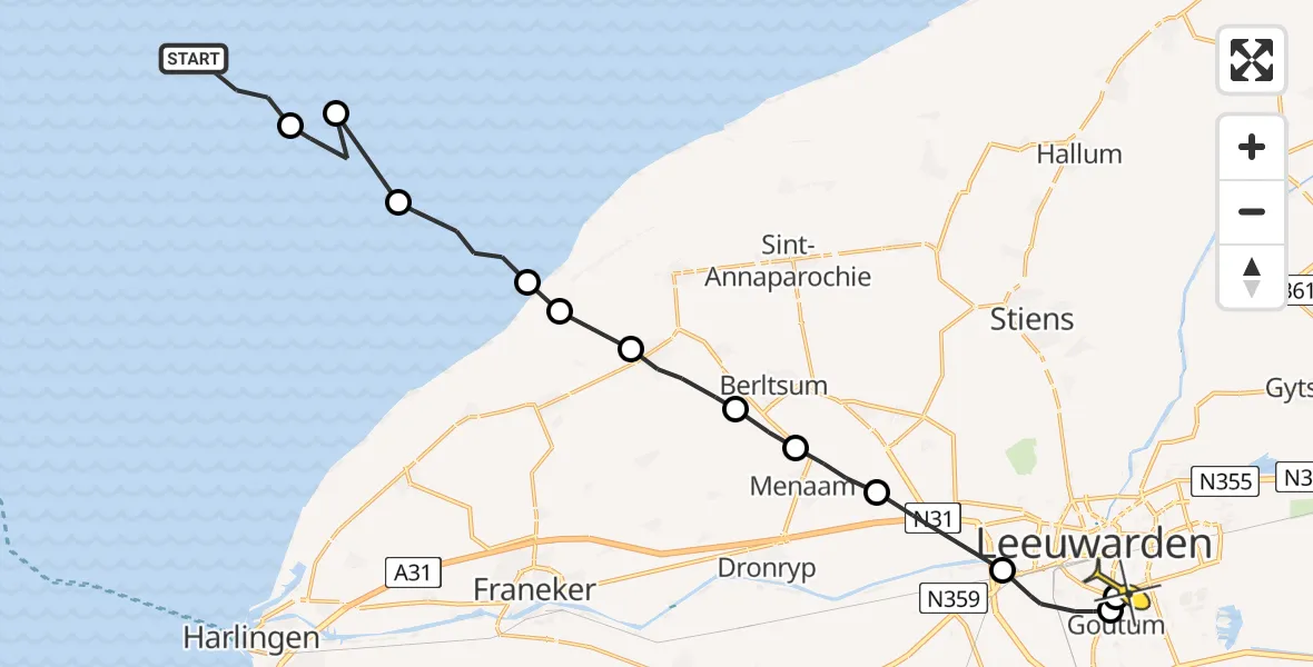Routekaart van de vlucht: Ambulancehelikopter naar Leeuwarden, Oost Meep
