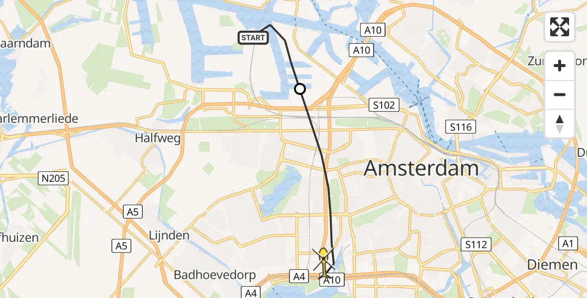 Routekaart van de vlucht: Lifeliner 1 naar Amsterdam, Westhavenweg