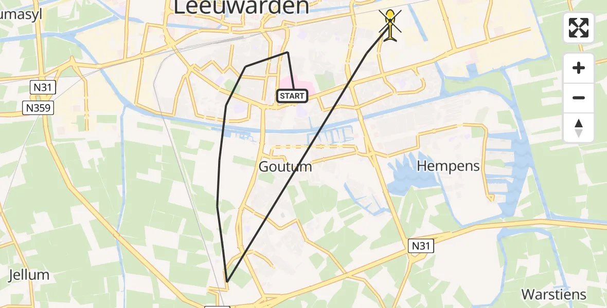 Vluchtroute Ambulancehelikopter van Leeuwarden naar Leeuwarden
