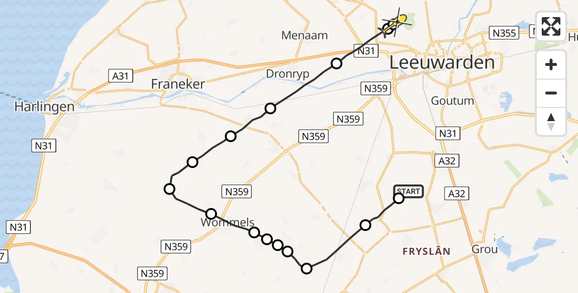 Routekaart van de vlucht: Ambulanceheli naar Vliegbasis Leeuwarden, Tsjerkebuorren