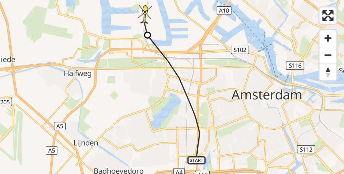 Routekaart van de vlucht: Lifeliner 1 naar Amsterdam Heliport, Marius Bauerplantsoen