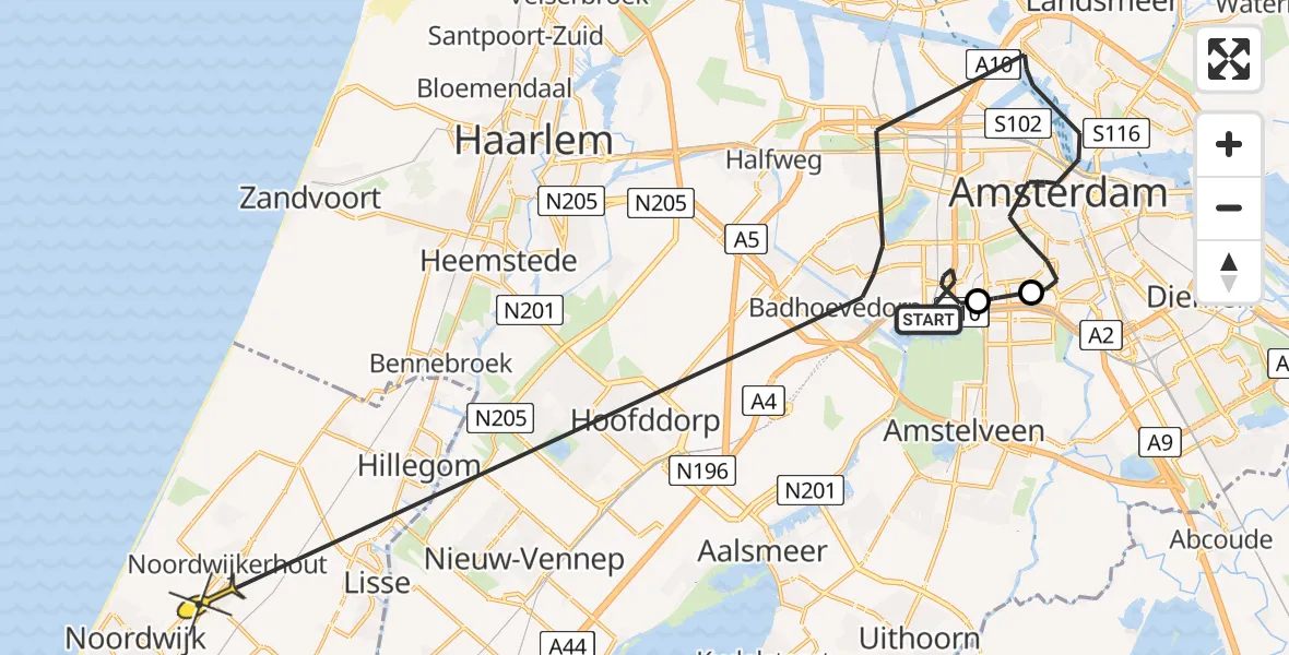 Routekaart van de vlucht: Politieheli naar Noordwijkerhout, Naaldwijkstraat