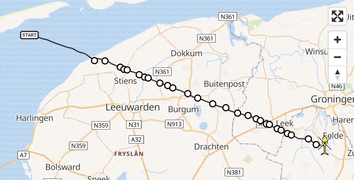 Routekaart van de vlucht: Ambulanceheli naar Bunne, Oosterom