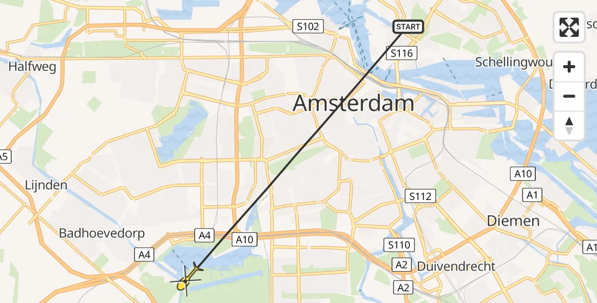 Vluchtroute Politiehelikopter van Amsterdam naar Amsterdam