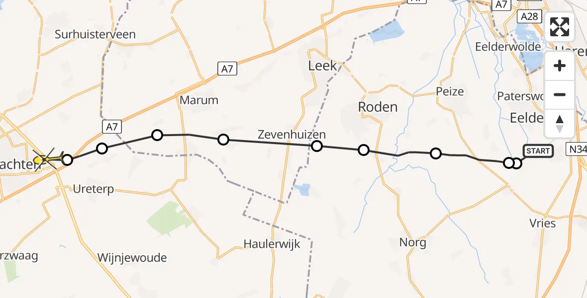 Routekaart van de vlucht: Ambulanceheli naar Vliegveld Drachten, Eekhoornstraat