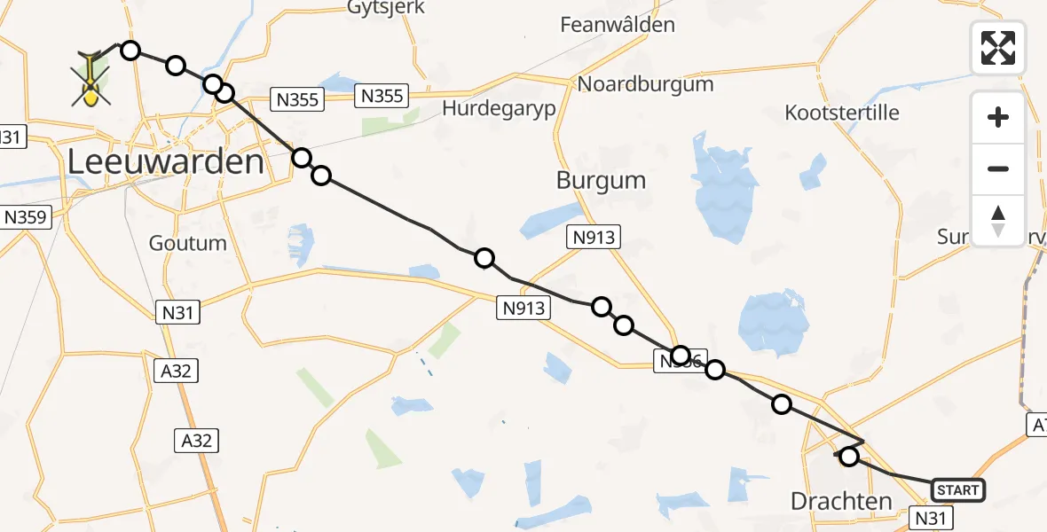 Vluchtroute Ambulancehelikopter van Vliegveld Drachten naar Vliegbasis Leeuwarden