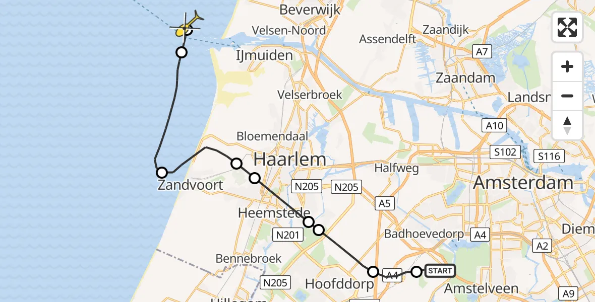 Routekaart van de vlucht: Politieheli naar Hoofdweg