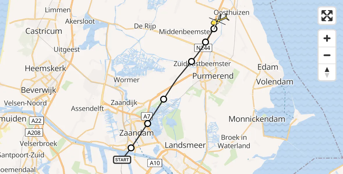 Routekaart van de vlucht: Lifeliner 1 naar Zuidoostbeemster, Cornelis Bruijnzeelweg