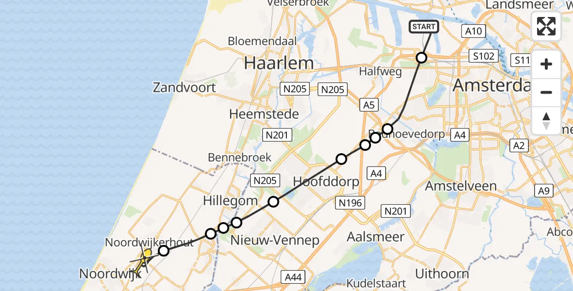 Routekaart van de vlucht: Lifeliner 1 naar Noordwijkerhout, Hornweg