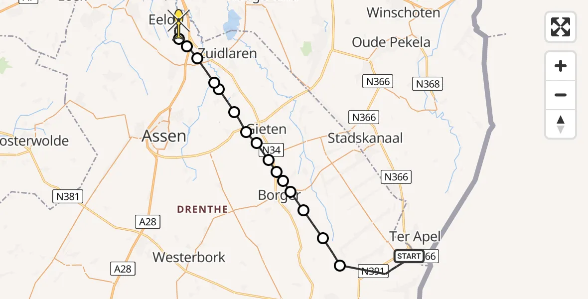 Routekaart van de vlucht: Lifeliner 4 naar Groningen Airport Eelde, De Noordelijke Vennen