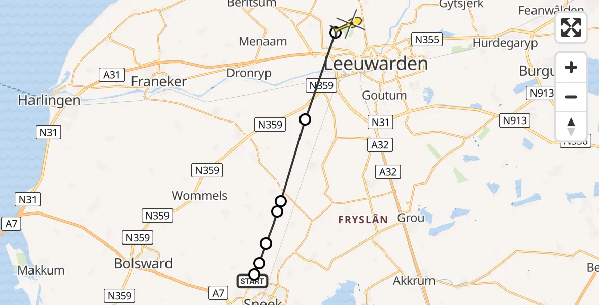 Routekaart van de vlucht: Ambulanceheli naar Vliegbasis Leeuwarden, Ivige Leane