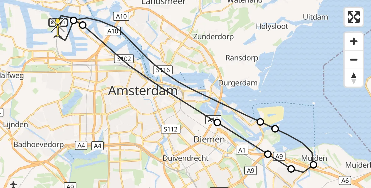 Routekaart van de vlucht: Lifeliner 1 naar Amsterdam Heliport, Hemweg