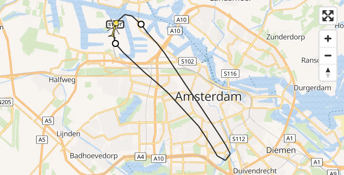 Routekaart van de vlucht: Lifeliner 1 naar Amsterdam Heliport, Hemweg