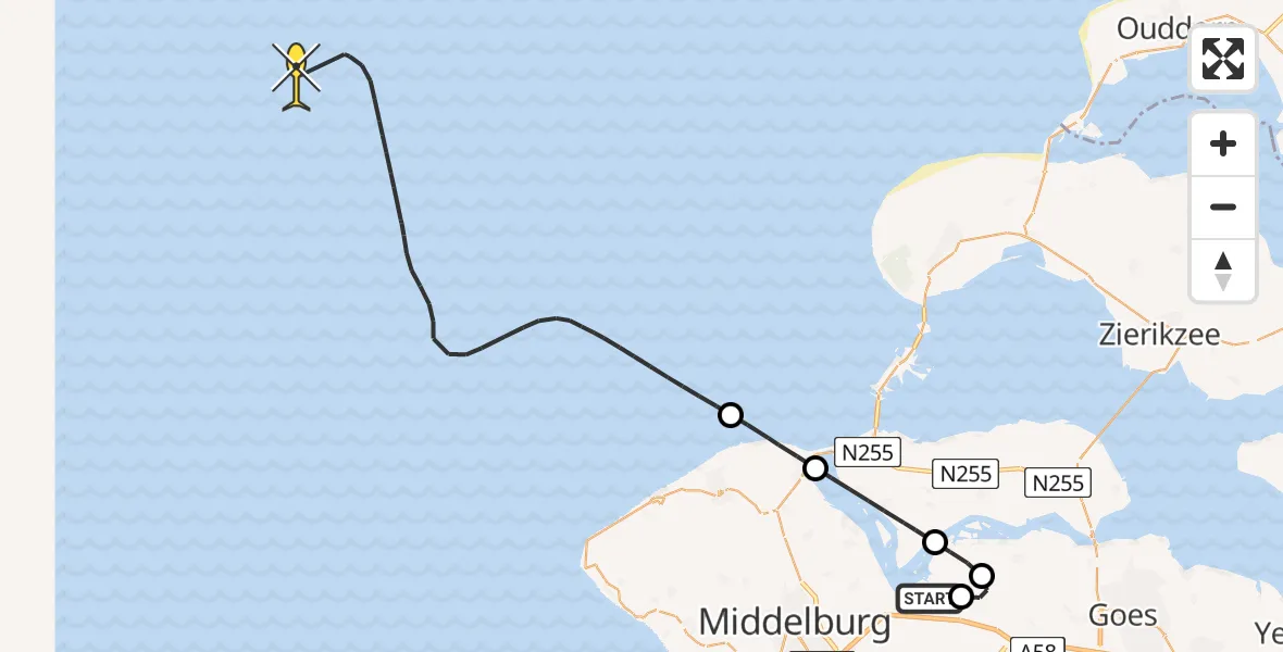 Vluchtroute Kustwachthelikopter van Vliegveld Midden-Zeeland naar 