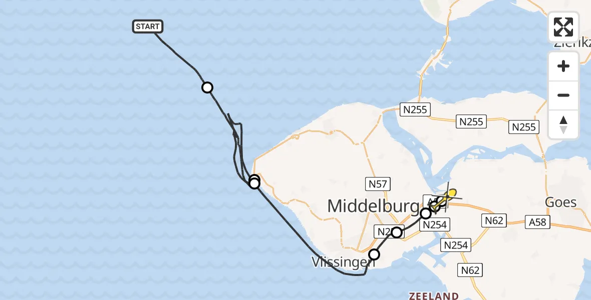 Routekaart van de vlucht: Kustwachthelikopter naar Vliegveld Midden-Zeeland, Postweg