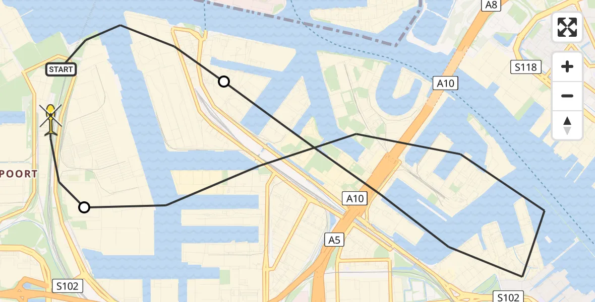 Routekaart van de vlucht: Lifeliner 1 naar Amsterdam Heliport, Westhavenweg