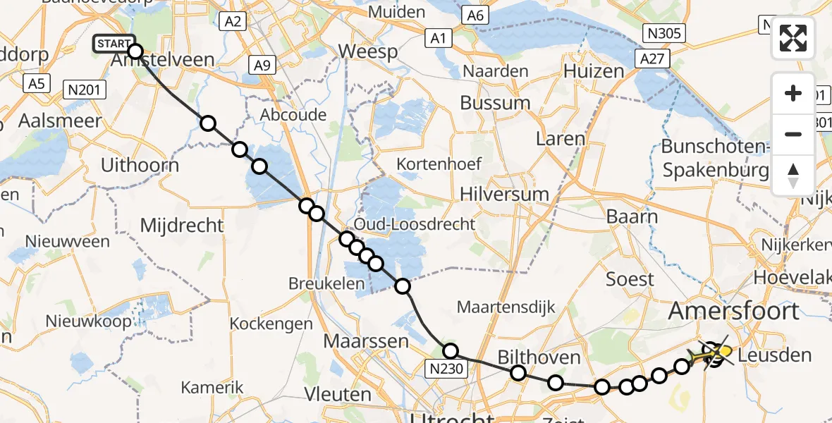 Routekaart van de vlucht: Politiehelikopter naar Leusden, Burgemeester A. Colijnweg