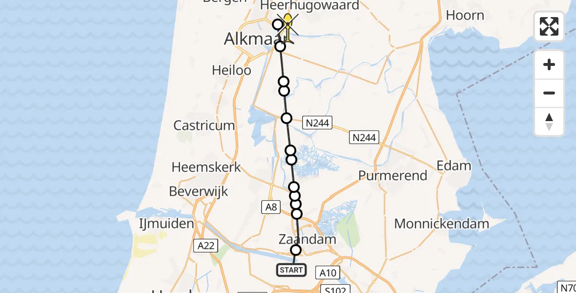 Routekaart van de vlucht: Lifeliner 1 naar Heerhugowaard, Dwarstocht