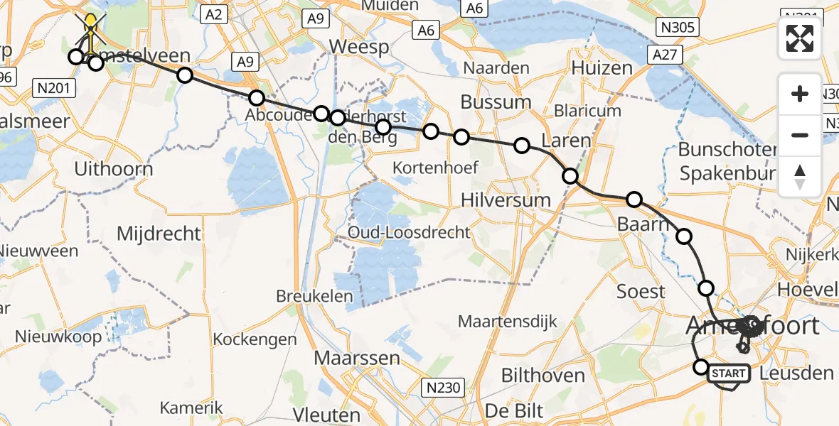 Routekaart van de vlucht: Politieheli naar Schiphol, Hazewater