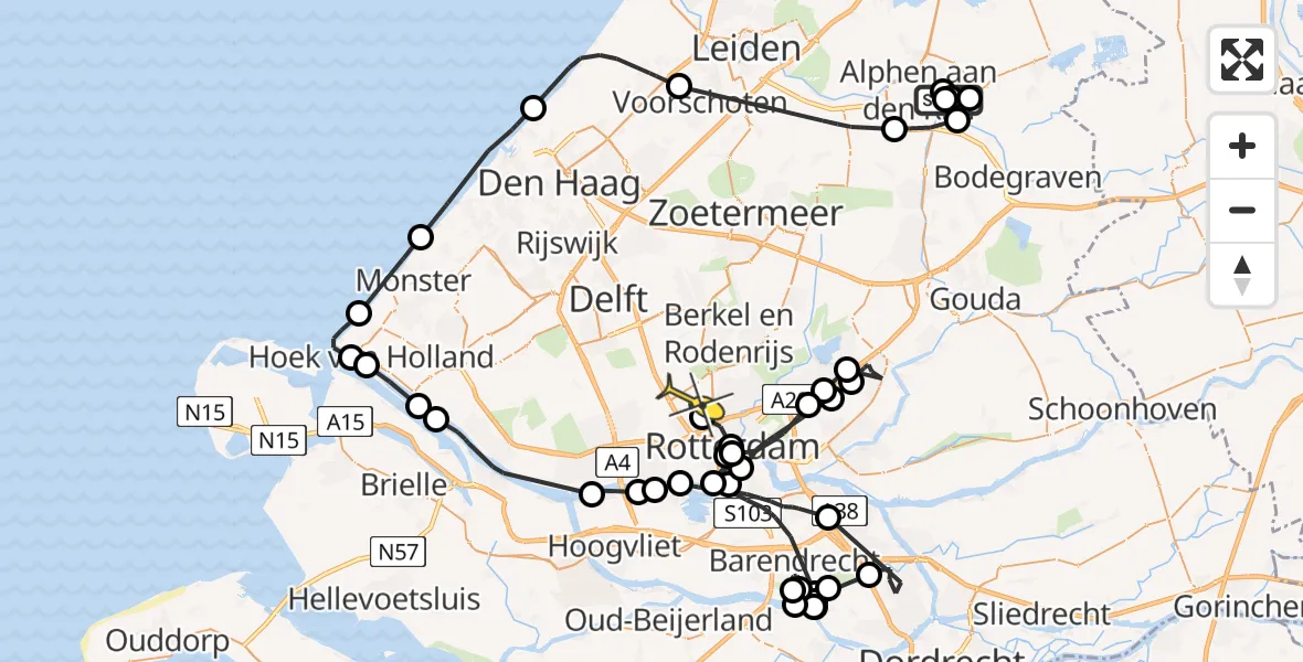 Routekaart van de vlucht: Politieheli naar Rotterdam The Hague Airport, De Bijlen