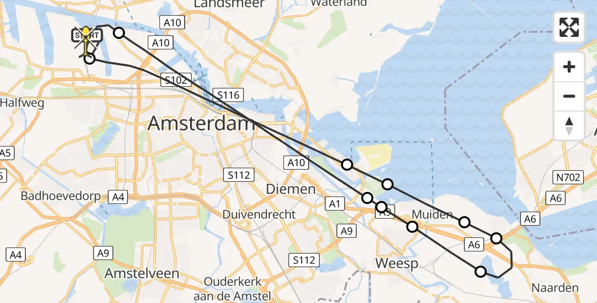 Routekaart van de vlucht: Lifeliner 1 naar Amsterdam Heliport, Hemtunnel