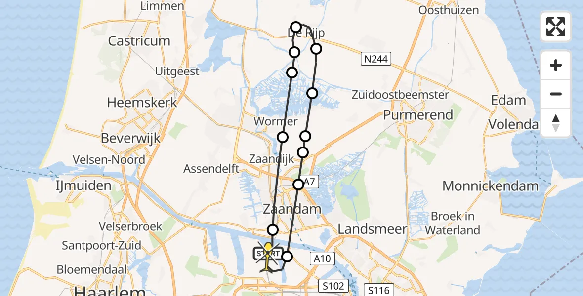 Routekaart van de vlucht: Lifeliner 1 naar Amsterdam Heliport, Grote Tocht