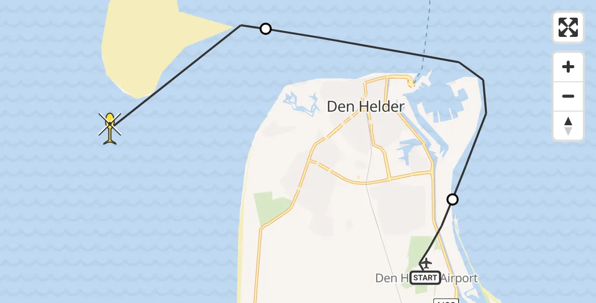 Routekaart van de vlucht: Kustwachthelikopter naar Den Hoorn, Oostoeverweg