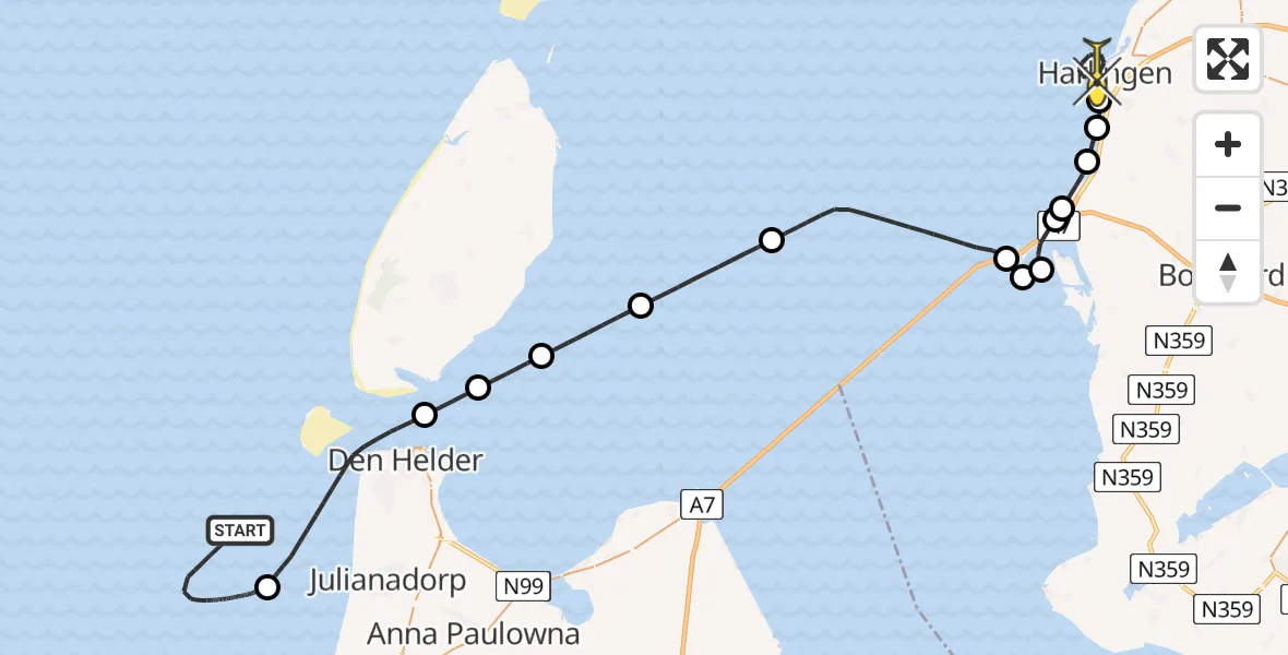 Routekaart van de vlucht: Kustwachthelikopter naar Harlingen, Nieuwe Voorhaven