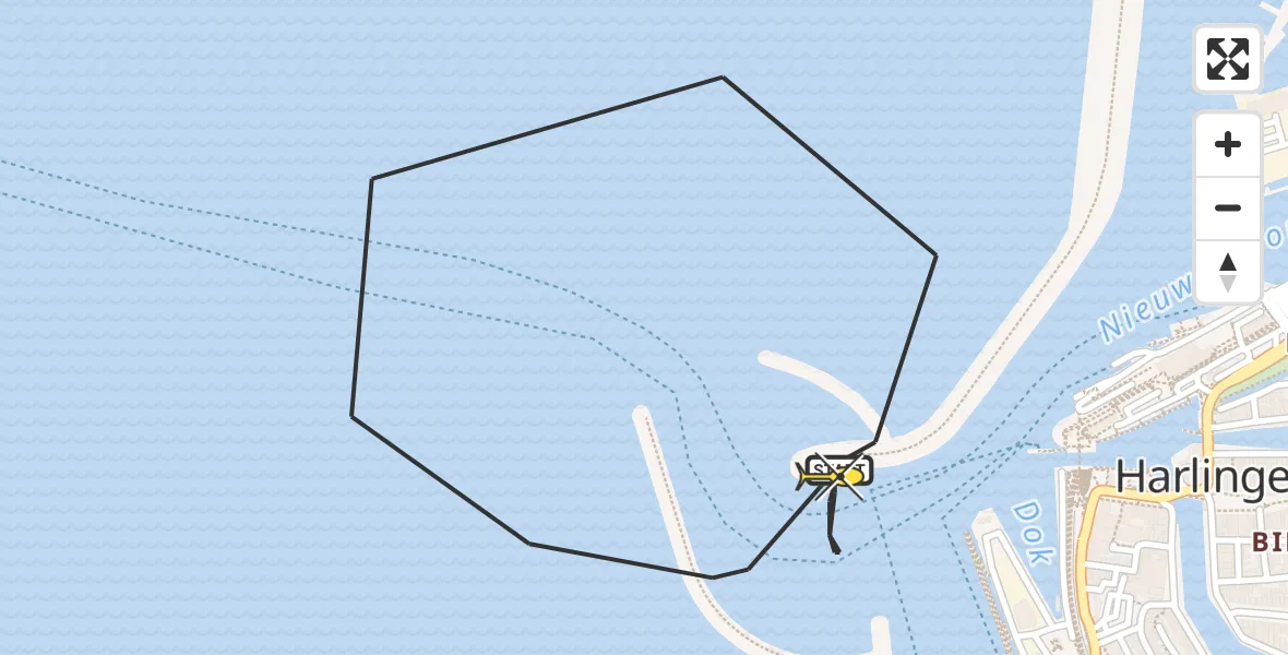 Routekaart van de vlucht: Kustwachthelikopter naar Harlingen, Vaargeul langs Pollendam