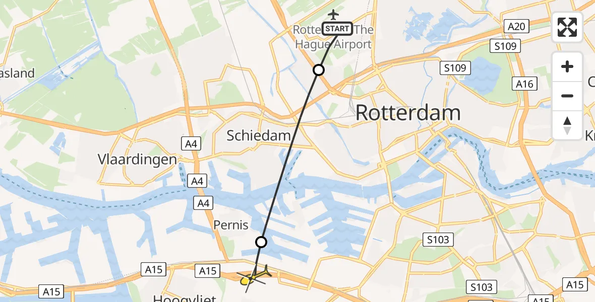 Routekaart van de vlucht: Lifeliner 2 naar Pernis, Zestienhovensebaan