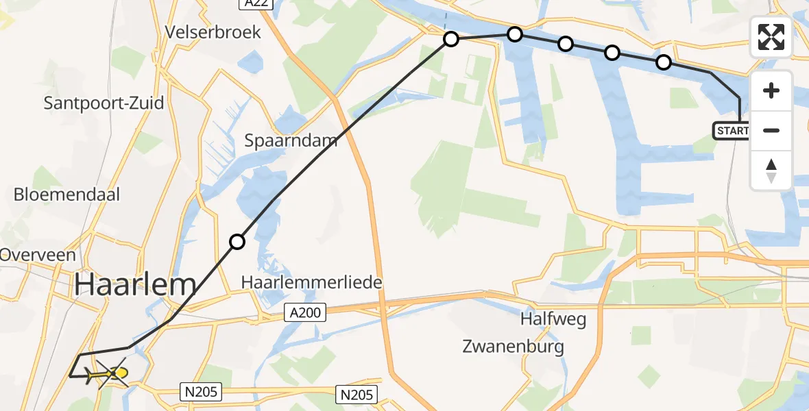 Routekaart van de vlucht: Lifeliner 1 naar Haarlem, Willem Hooftkade