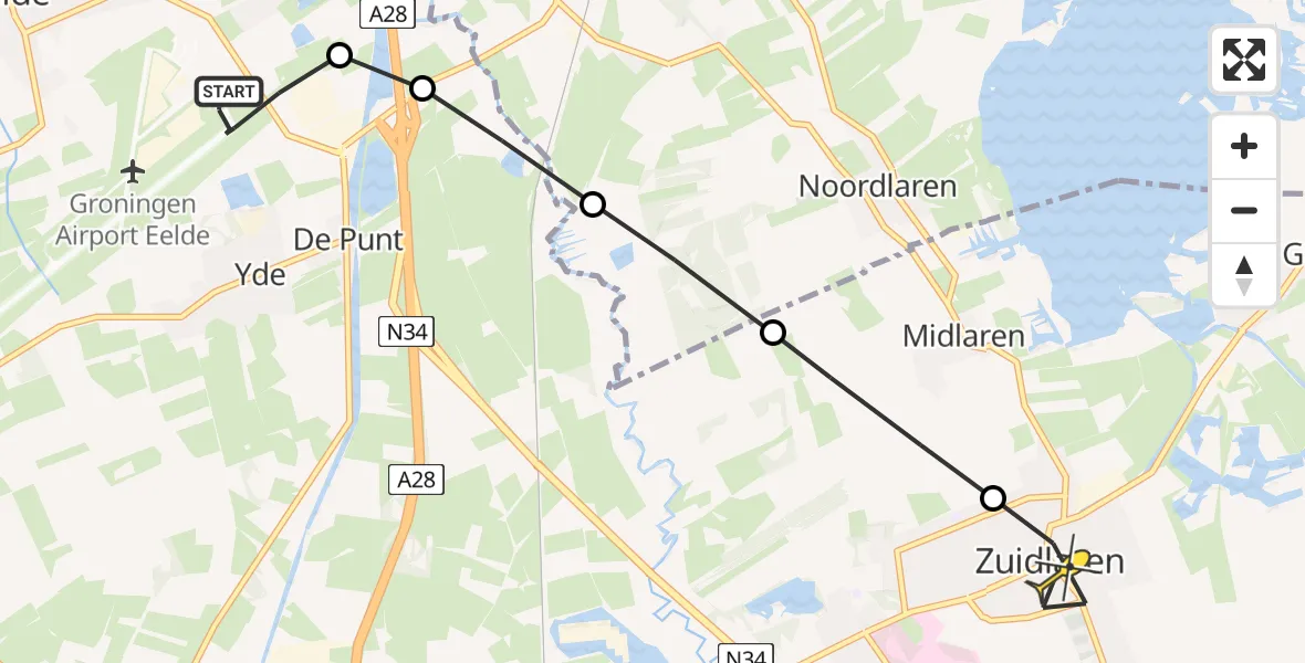 Routekaart van de vlucht: Lifeliner 4 naar Zuidlaren, Groningerstraat