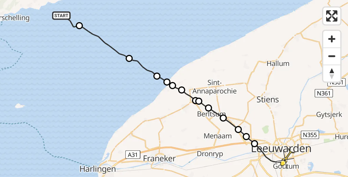 Routekaart van de vlucht: Ambulanceheli naar Leeuwarden, Aldlânsdyk