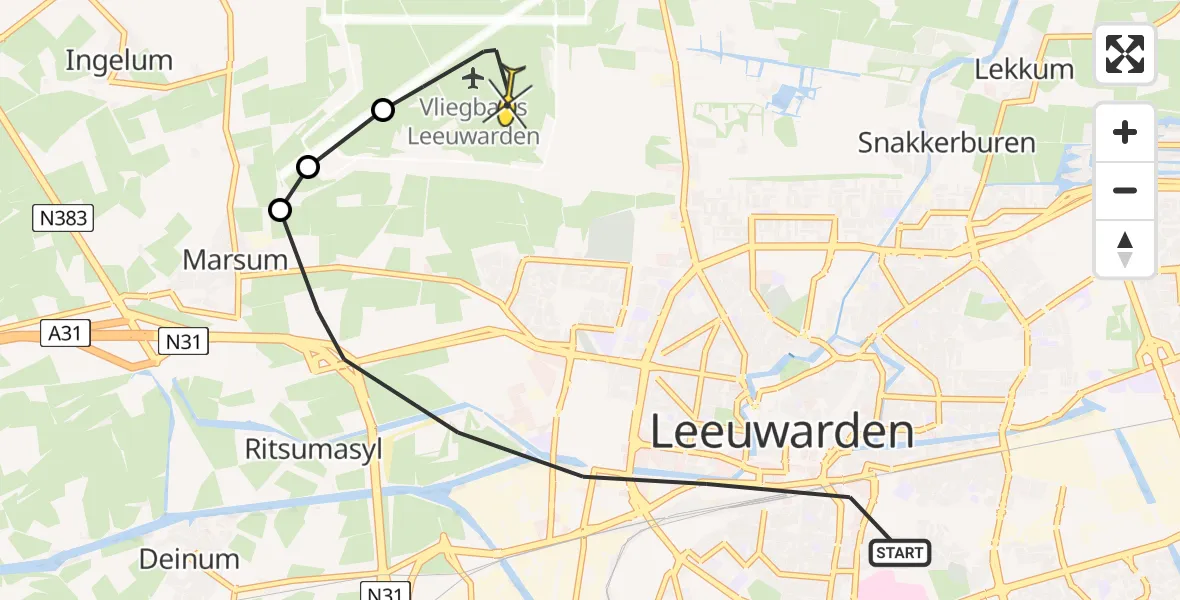 Vluchtroute Ambulancehelikopter van Leeuwarden naar Vliegbasis Leeuwarden