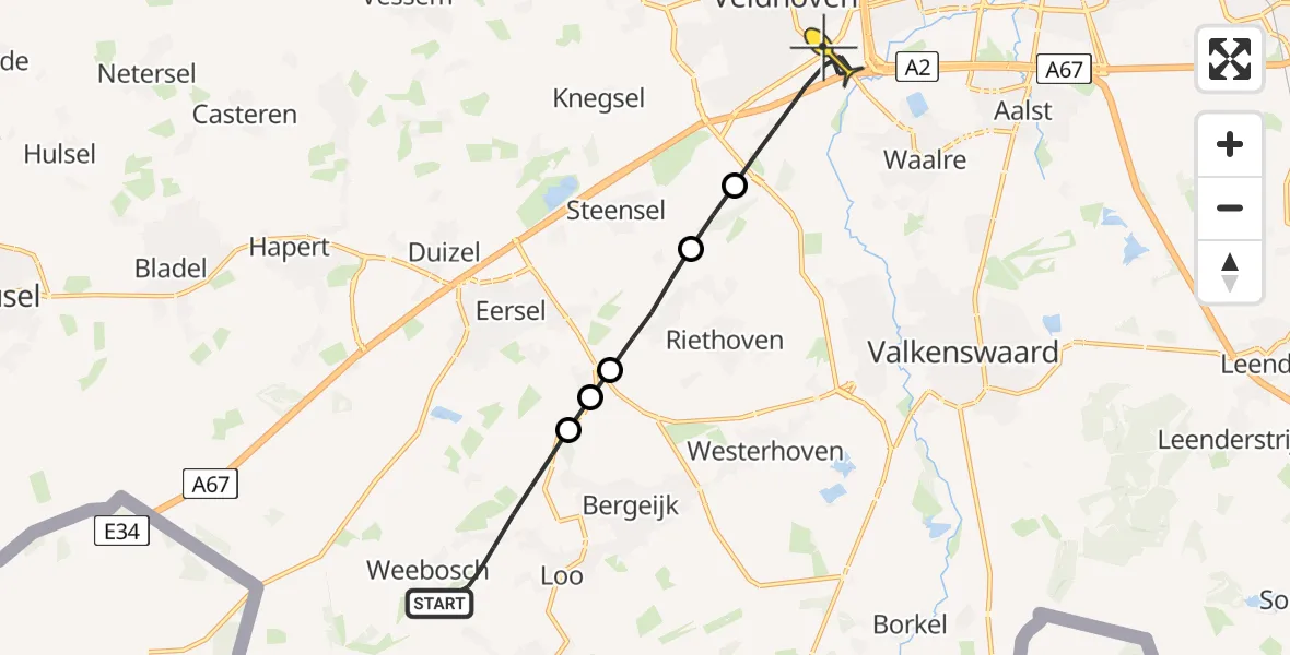 Routekaart van de vlucht: Lifeliner 3 naar Veldhoven, Haagdoorn