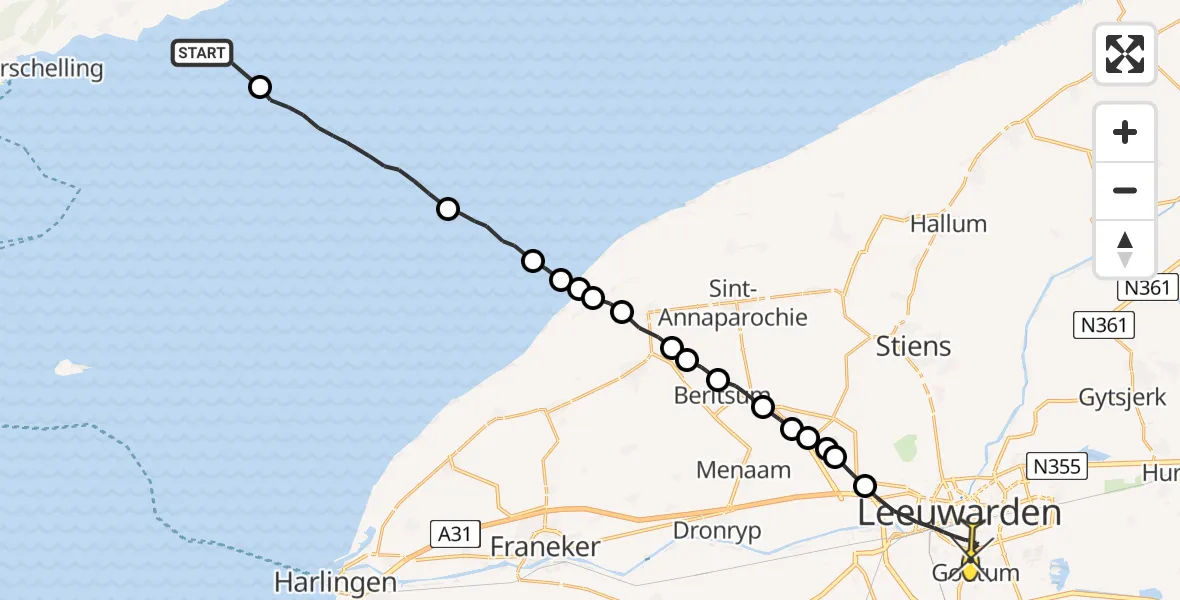 Routekaart van de vlucht: Ambulanceheli naar Leeuwarden, Aldlânsdyk