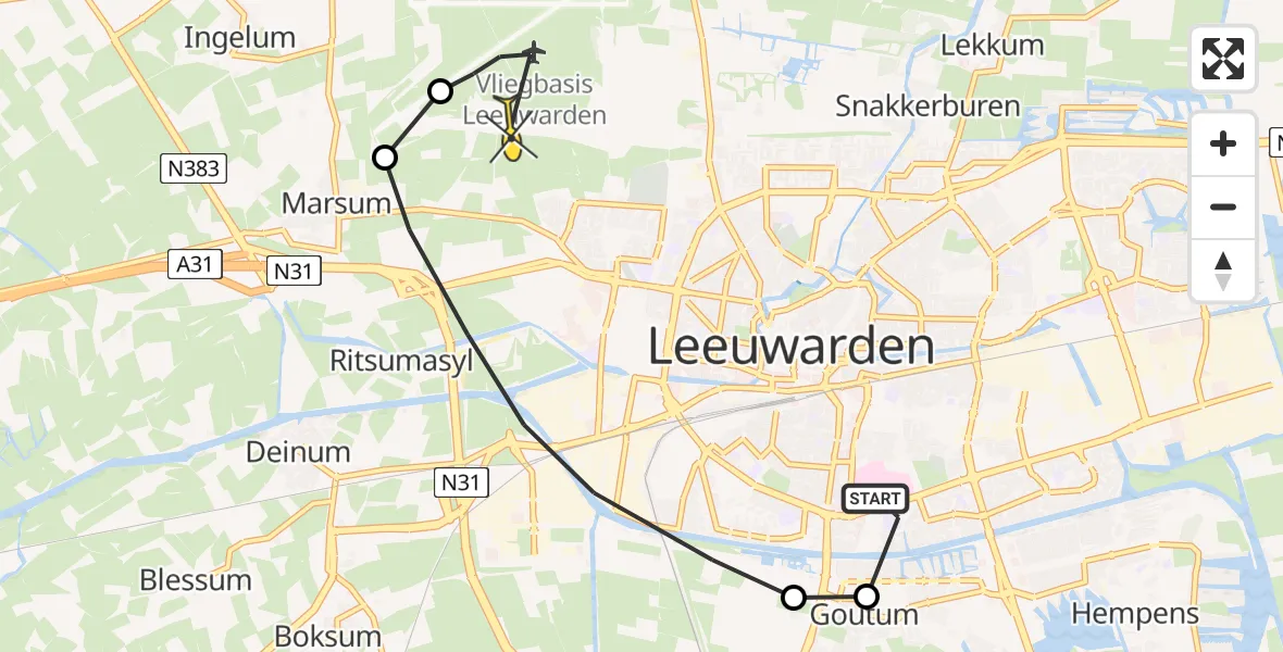 Routekaart van de vlucht: Ambulanceheli naar Vliegbasis Leeuwarden, Legedyk