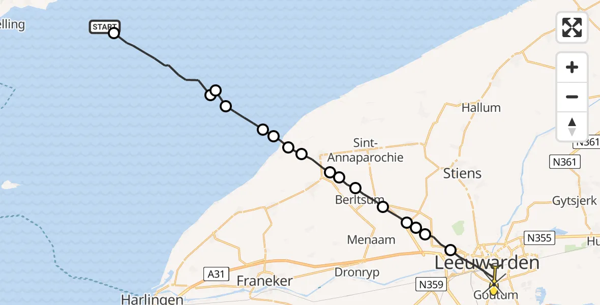 Routekaart van de vlucht: Ambulanceheli naar Leeuwarden, Borniastraat