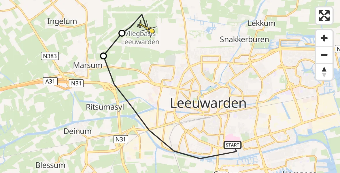 Vluchtroute Ambulancehelikopter van Leeuwarden naar Vliegbasis Leeuwarden