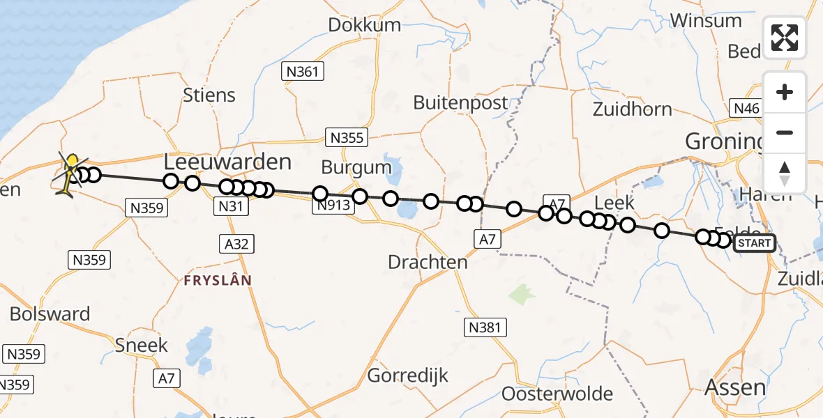 Routekaart van de vlucht: Lifeliner 4 naar Franeker, Molenweg