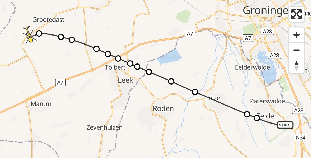 Routekaart van de vlucht: Lifeliner 4 naar Doezum, Hoofdweg