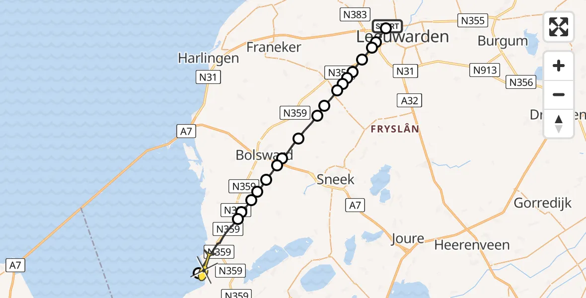 Routekaart van de vlucht: Ambulanceheli naar Hindeloopen, Sylsterdyk