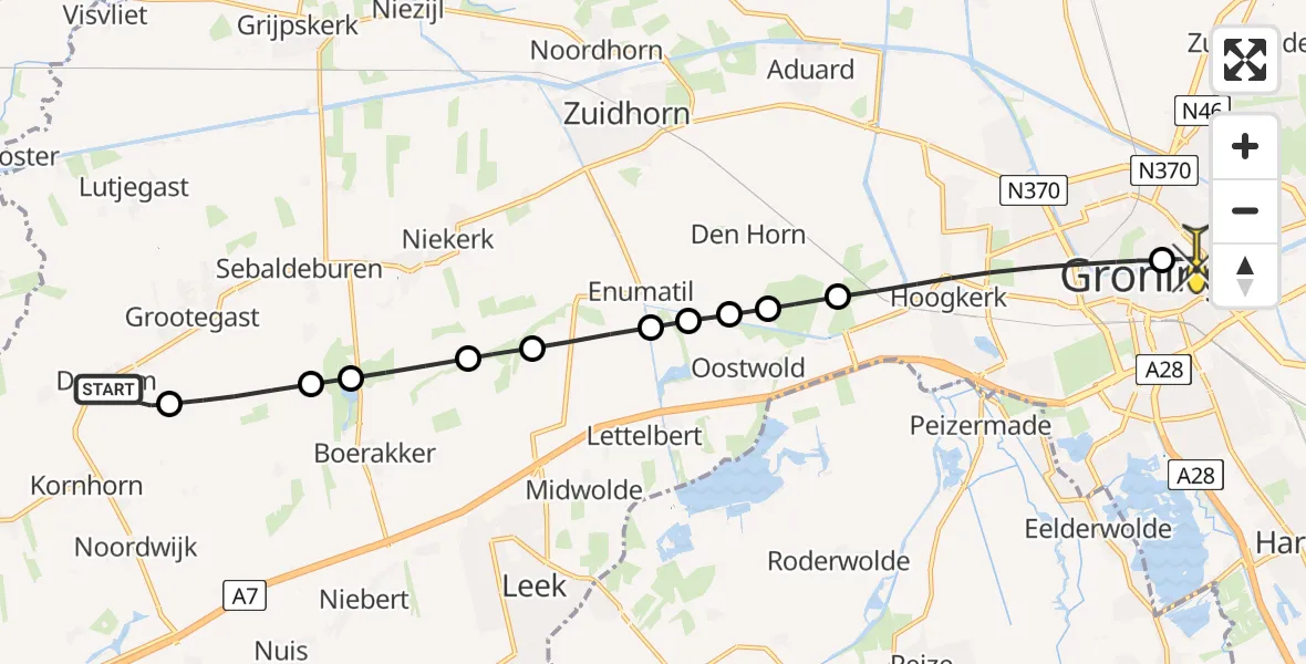 Routekaart van de vlucht: Lifeliner 4 naar Universitair Medisch Centrum Groningen, Havinga's Reed