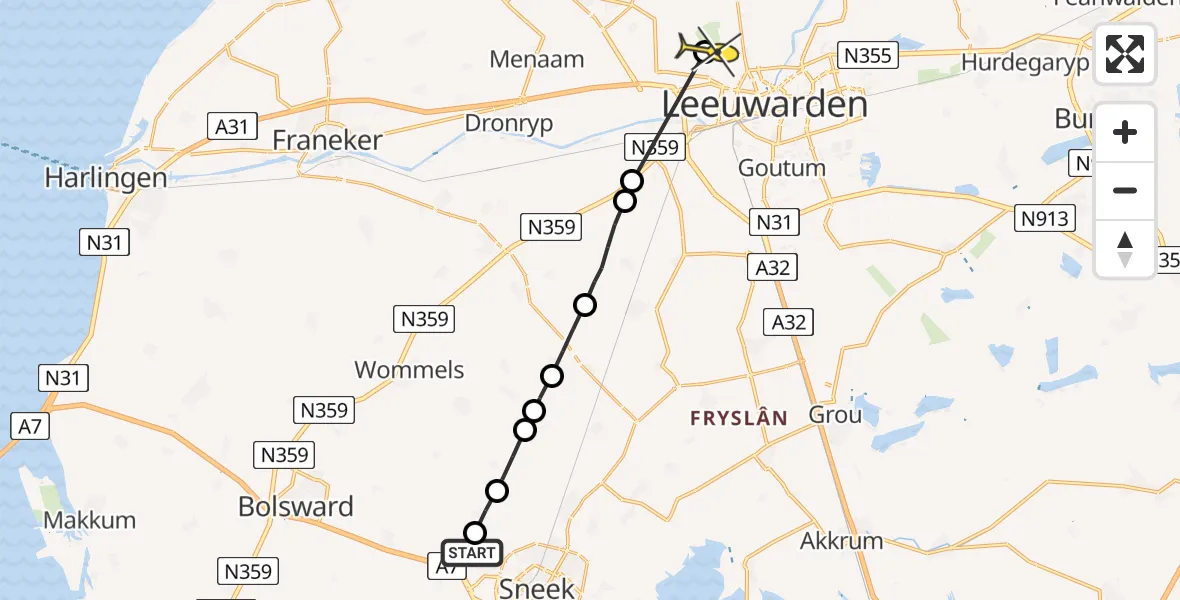 Routekaart van de vlucht: Ambulanceheli naar Vliegbasis Leeuwarden, Pôllewei